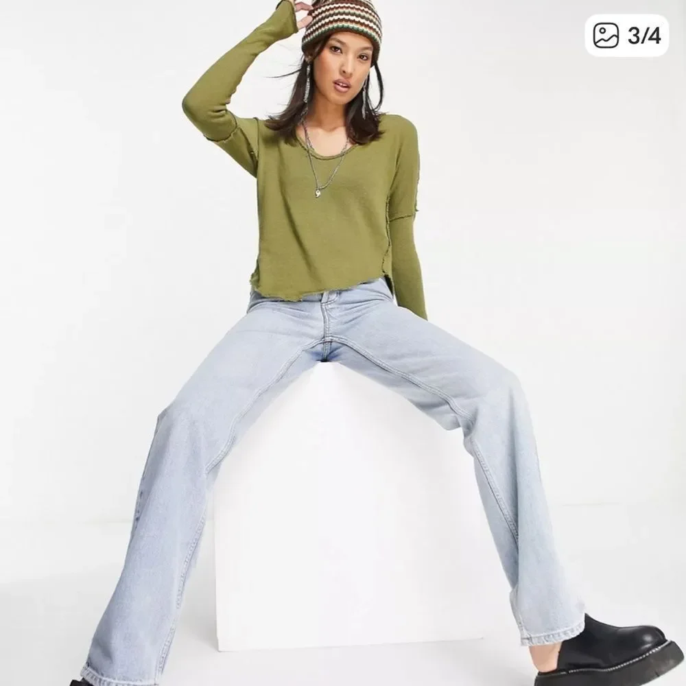 Free People We The Free Come & Get It V-Neck Sweater Green Large